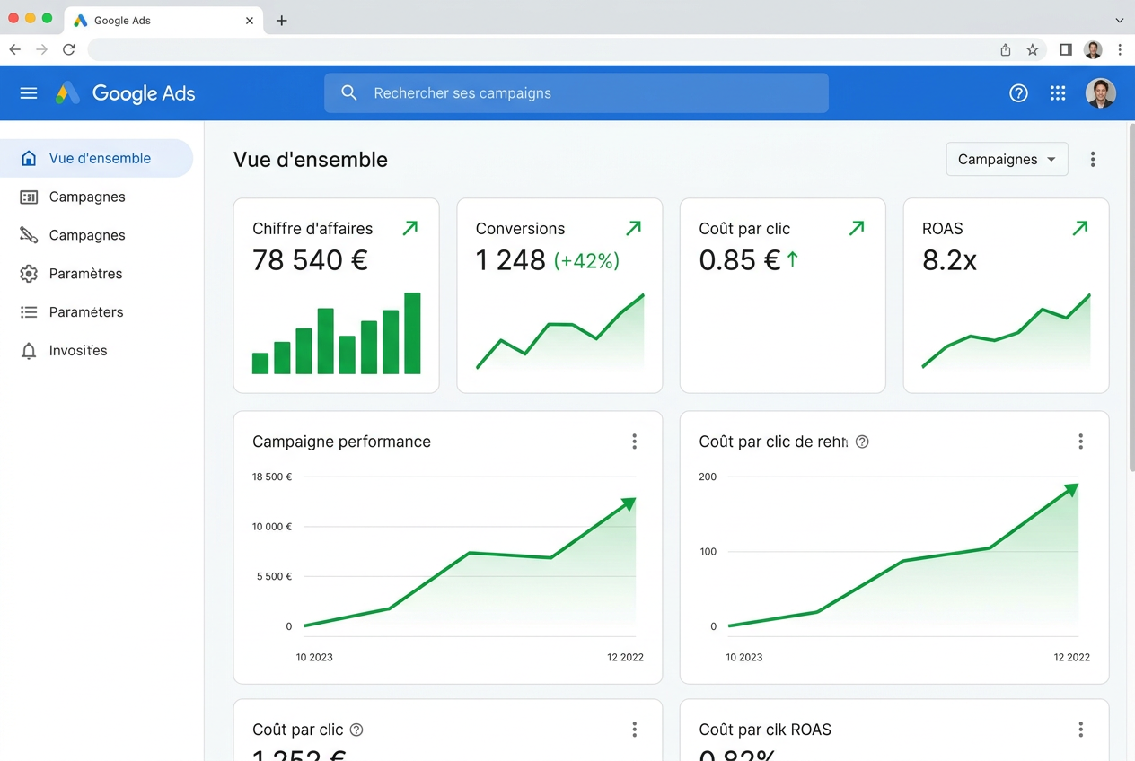 Tableau de bord Google Ads avec résultats