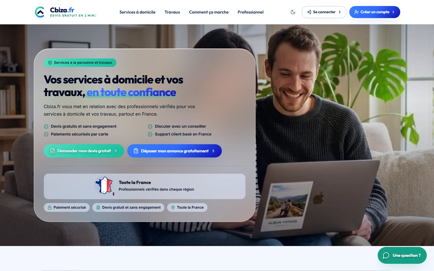 Cbiza.fr, page d'accueil claire d'une plateforme de services à domicile, lisible sur mobile