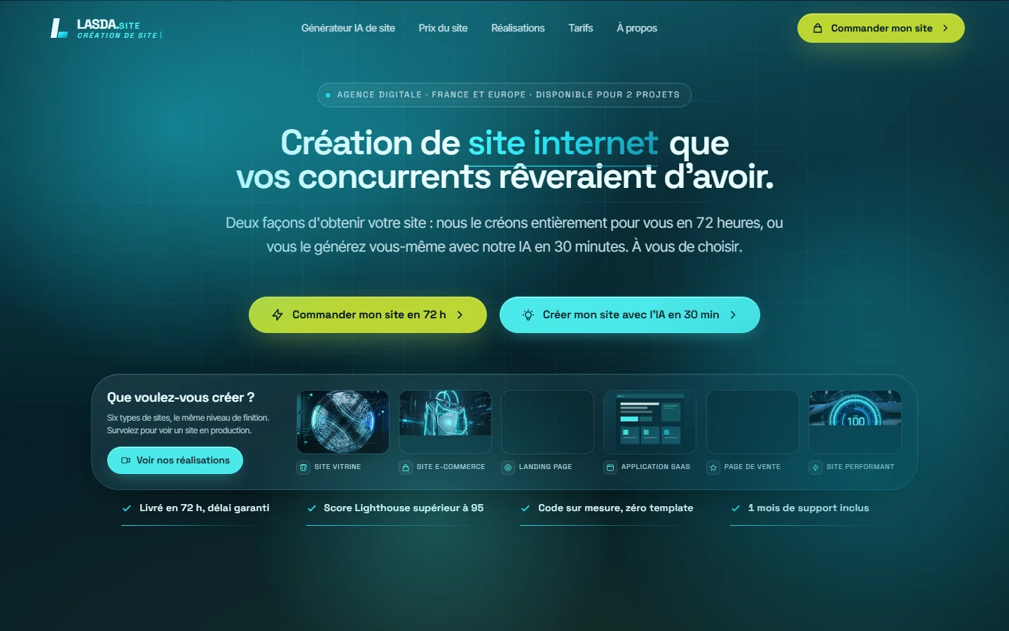 Page d'accueil du studio LASDA.SITE, qui réalise les boutiques en ligne sur mesure