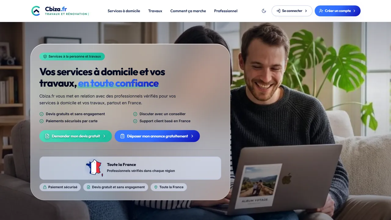 Page d'accueil de Cbiza.fr, plateforme de services à domicile réalisée par Lasda.pro