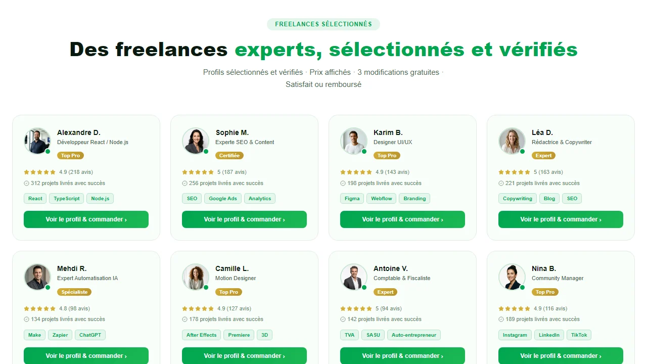 Page GoFreelance présentant des freelances sélectionnés et vérifiés