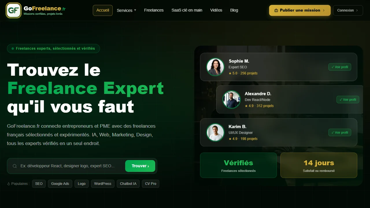 Page d'accueil de GoFreelance.fr, plateforme réalisée par Lasda.pro