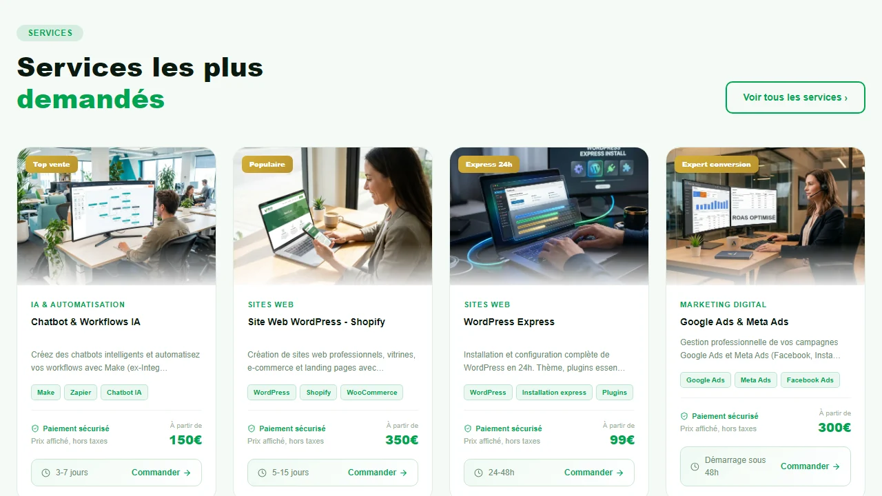 Catalogue GoFreelance : services de création de boutique en ligne avec leur prix affiché avant la commande