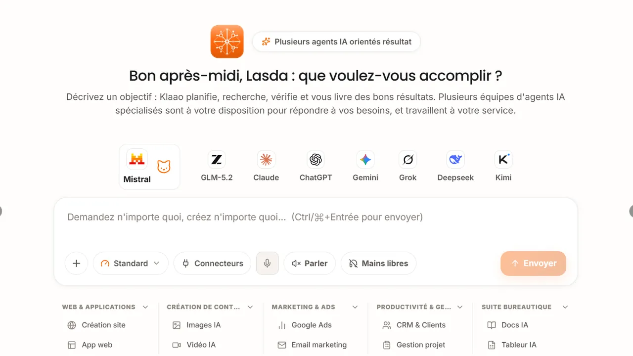 Klaao, SaaS d'agents IA : l'espace de travail et le choix du modèle de langage