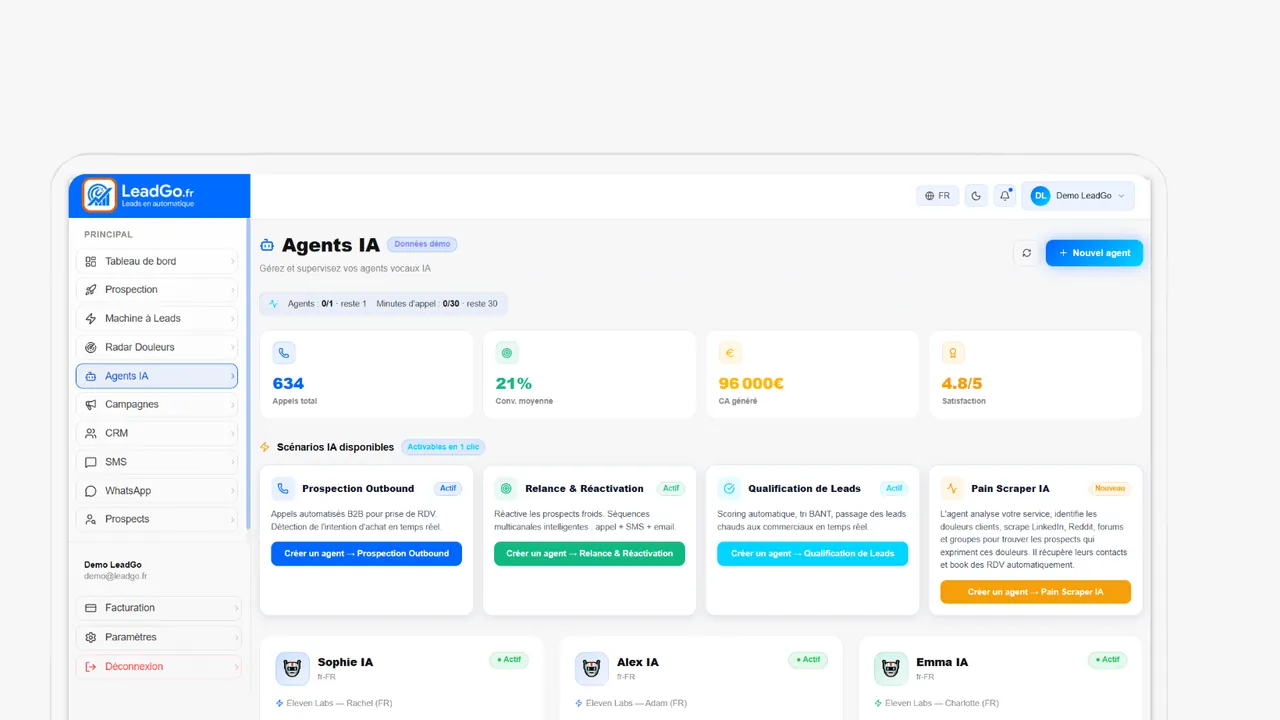 LeadGo : l'écran des agents IA de prospection
