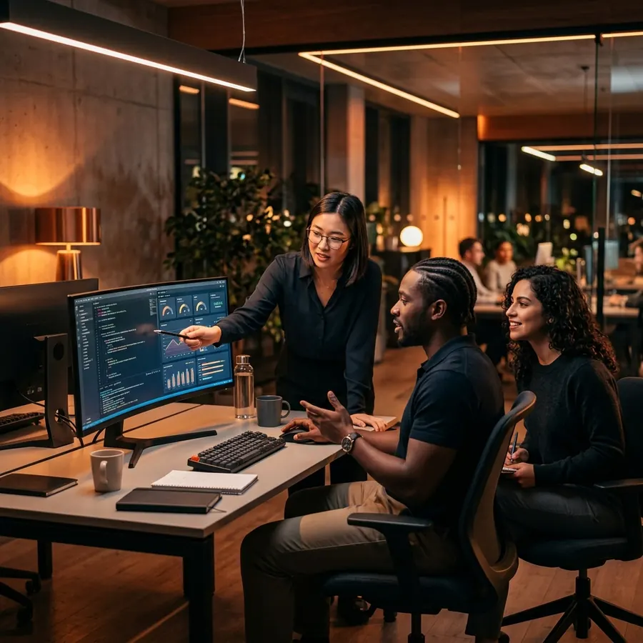 Équipe produit SaaS autour de sa direction technique en réunion
