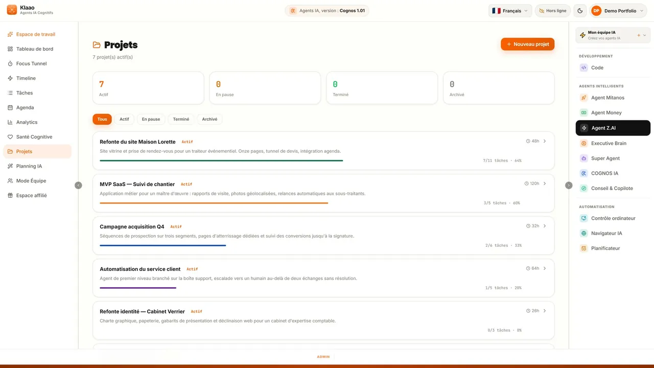 Klaao, logiciel d'agents IA construit par l'équipe : un produit en ligne, pas un prototype