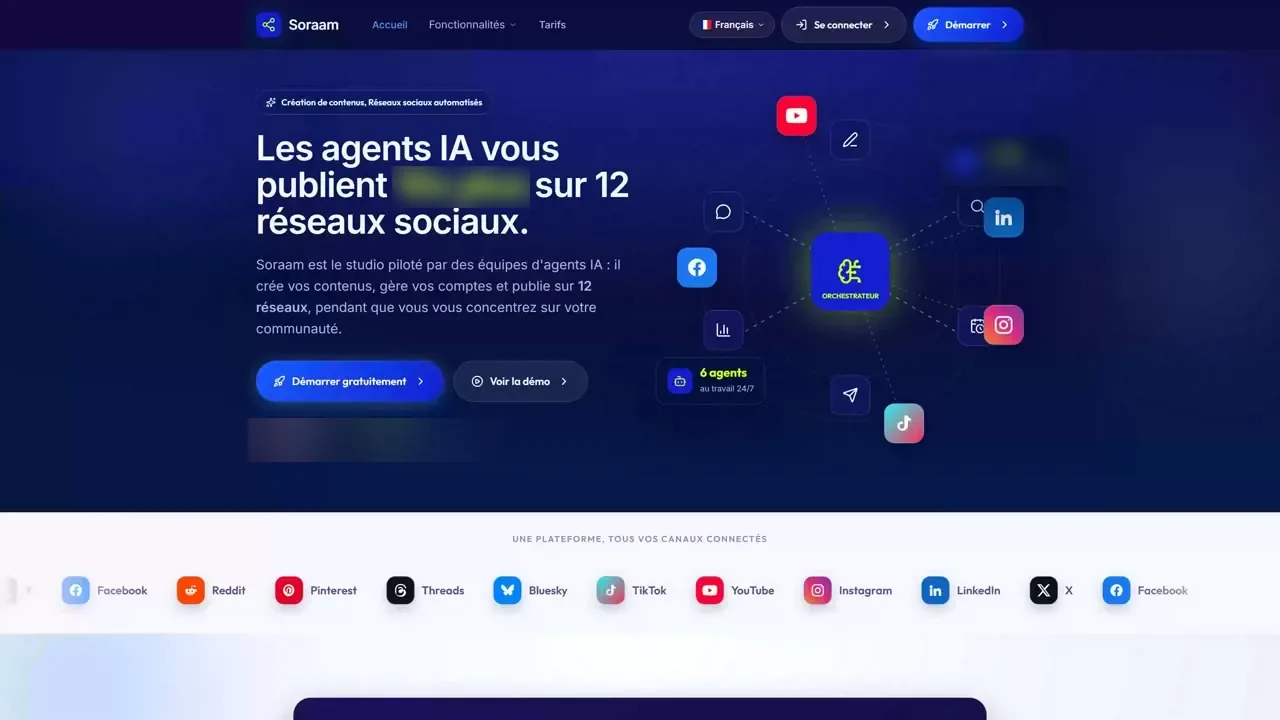 Lancement d'un SaaS : page d'accueil de Soraam, publication par agents IA