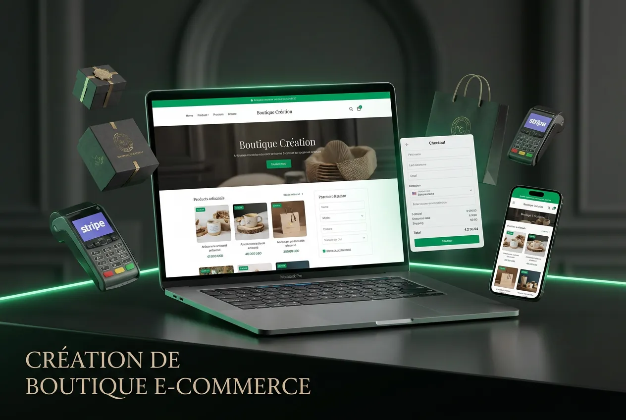 Création de site e-commerce : une boutique en ligne affichée sur ordinateur, tablette et téléphone