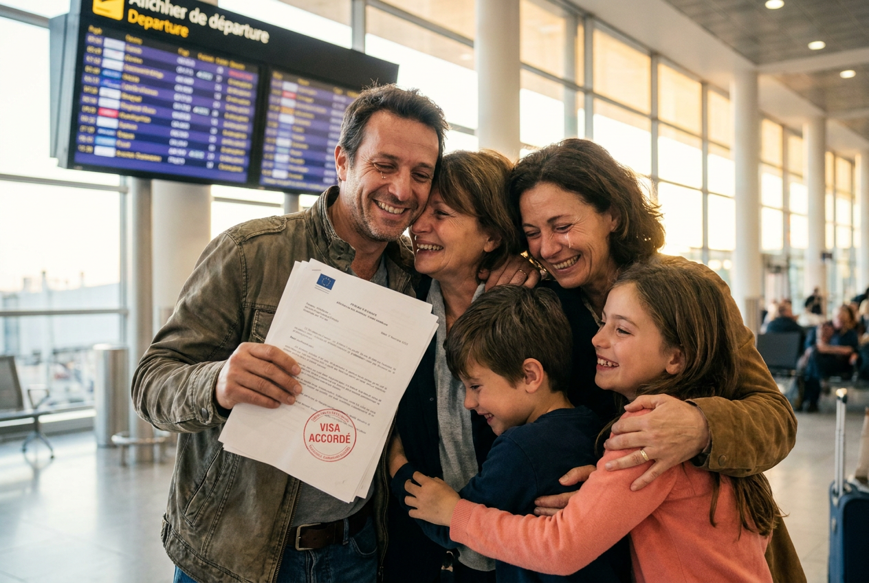 Client heureux avec son visa obtenu grâce à la traduction